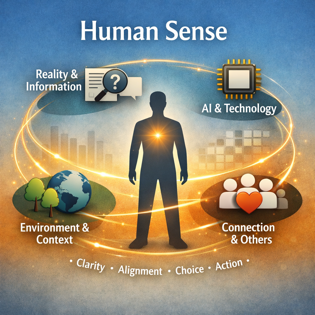 A visual representation of the Human Sense concept showing a central human figure surrounded by labeled icons for Reality & Information, AI & Technology, Environment & Context, and Connection & Others.